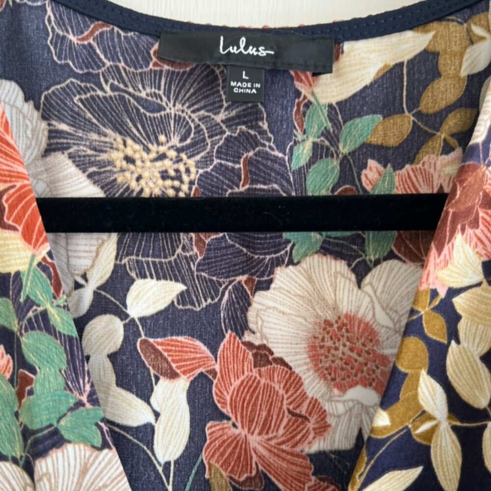 Lulus So Splendid Navy Blue Floral Satin Long Sleeve Wrap Dress - Size L - Picture 4 of 6